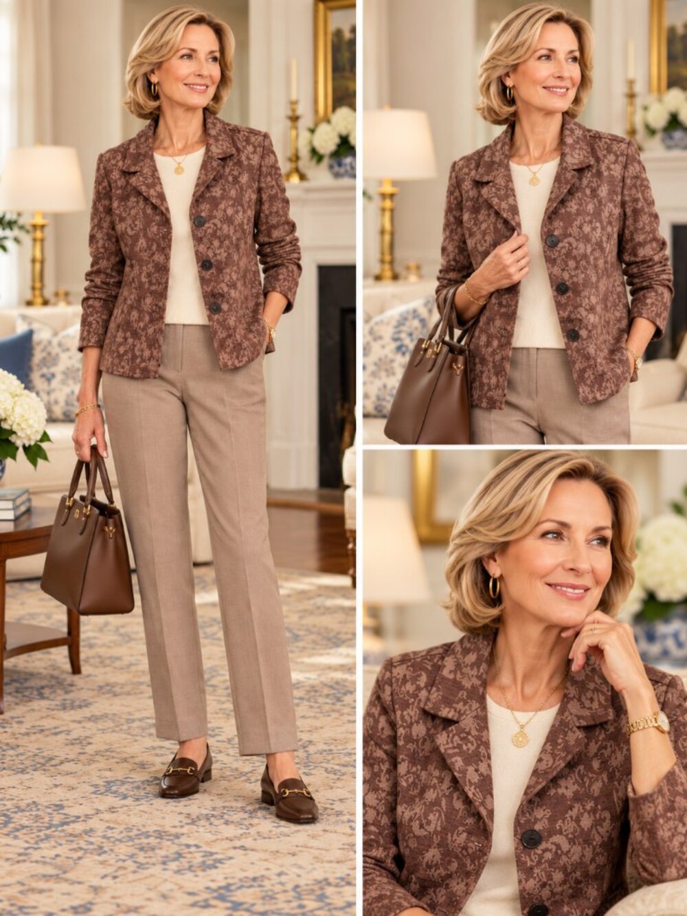Vintage Brown Floral Jacquard Women's Blazer Jacket Size M